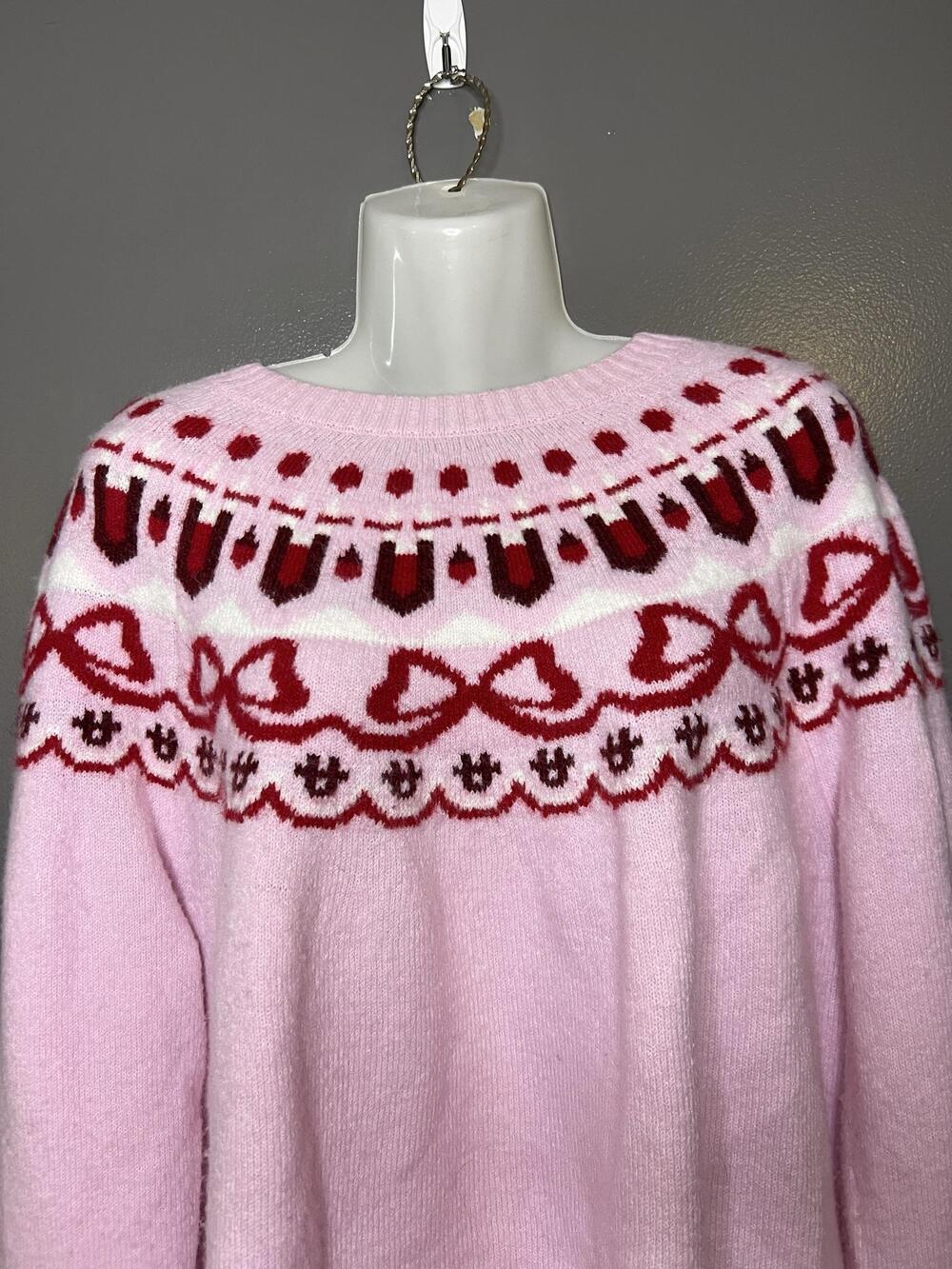 CeCe Sweater Womens XL Pink Fair Isle Hearts Bows Crew Neck Knit Pullover